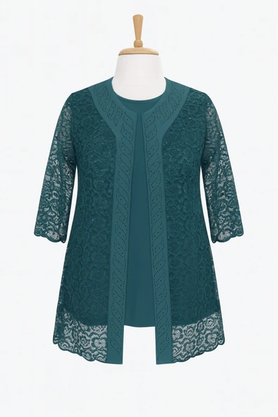 ANNE KADIN GENÇ BETÜL BÜYÜK BEDEN PETROL MAVI GÜPÜRLÜ CEKETLİ TAŞLI ABİYE TAKIM ürün görseli 1