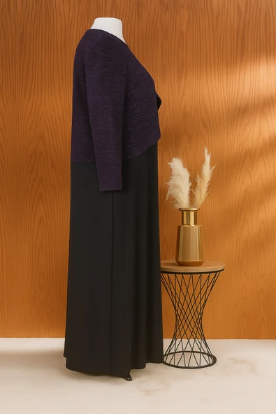 Siyah Zuhal Ceketli Büyük Beden Şık ince çizgili Desen Anne Abiye Takım Elbise - Resim 5