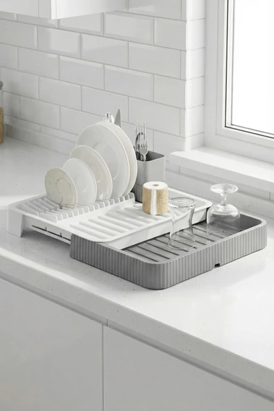 Gri - Uzayabilir Sürgülü Bulaşık Sepeti, Lavabo/Tezgah Üstü Açılır Kapanır Bulaşıklık Kurutma Sepeti - Resim 3