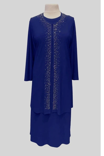 Kadin Buyuk Beden Taşlı Saks Mavi Anne Abiye Takım - Resim 3