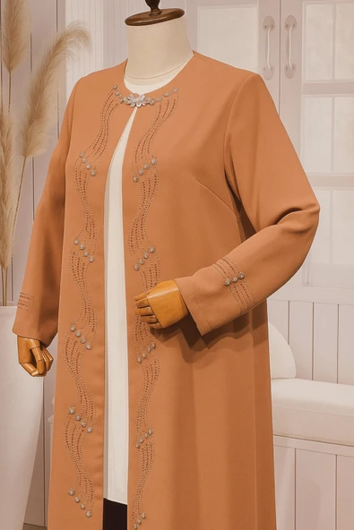 Önü Ve Kolu Taş Işlemeli Kaliteli Ikili Anne Tesettur Abiye Takım - Resim 2