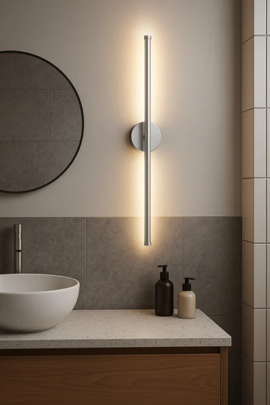 Netzy Platinium Veil™ Metalik Gümüş 70 cm Modern Kablosuz Pilli Aplik – Montajsız Duvar Lambası Pil Dahil - Resim 3