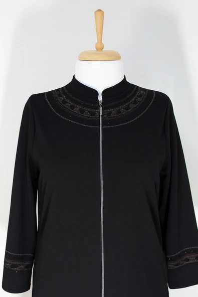 ANNE KADIN BÜYÜK BEDEN HAKİM YAKA FERMUARLI CEPLİ NAKIŞLI MEVSIMLIK SIYAH PARDESÜ - Resim 2