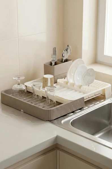 Krem Uzayabilir Sürgülü Bulaşık Sepeti, Lavabo/Tezgah Üstü Açılır Kapanır Bulaşıklık Kurutma Sepeti - Resim 4