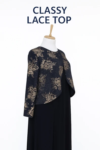 Lacivert Zuhal Ceketli Büyük Beden Şık Desenli Anne Abiye Takım Elbise - Resim 3