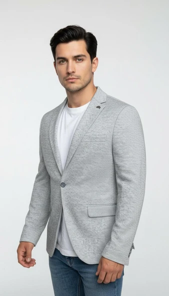 Erkek Karyağdı Desenli Slim Fit Blazer Ceket – Mavi & Gri – Şık Günlük ve Ofis Kombin - Resim 2