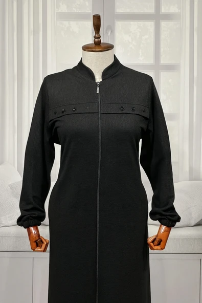 ANNE KADIN BÜYÜK BEDEN HAKİM YAKA FERMUARLI CEPLİ BONCUK DETAYLI MEVSIMLIK SIYAH PARDESÜ - Resim 2