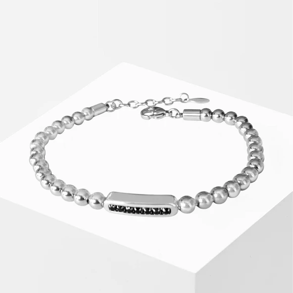 Taşlı Plakalı Silver Erkek Çelik Bileklik ürün görseli 1