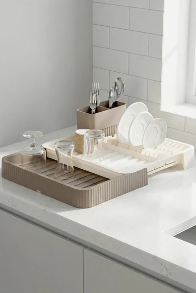 Krem Uzayabilir Sürgülü Bulaşık Sepeti, Lavabo/Tezgah Üstü Açılır Kapanır Bulaşıklık Kurutma Sepeti - Resim 2