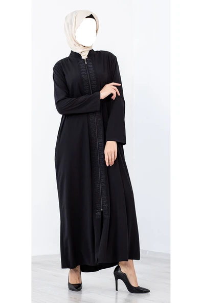 Büyük Beden Fermuarlı Şık Suna Siyah Ferace ürün görseli 1