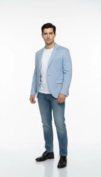 Erkek Karyağdı Desenli Slim Fit Blazer Ceket – Mavi & Gri – Şık Günlük ve Ofis Kombin - Resim 6