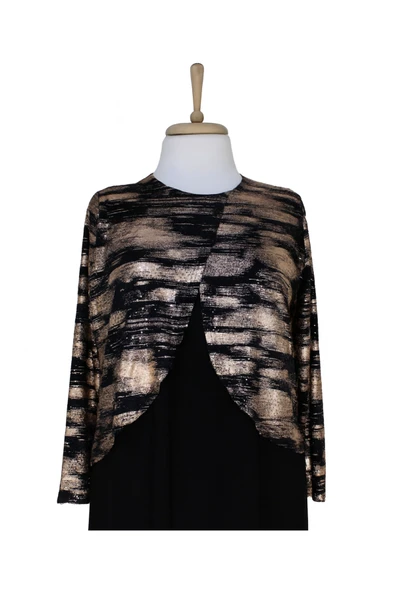 Siyah Zuhal Ceketli Büyük Beden Şık Altın Sarısı Desenli Anne Abiye Takım Elbise - Resim 2