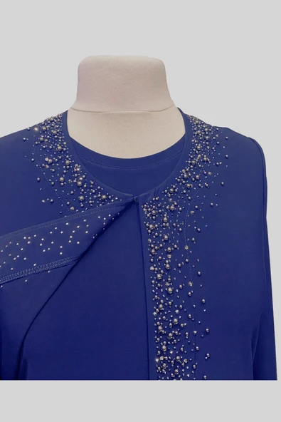 Kadin Buyuk Beden Taşlı Saks Mavi Anne Abiye Takım - Resim 8