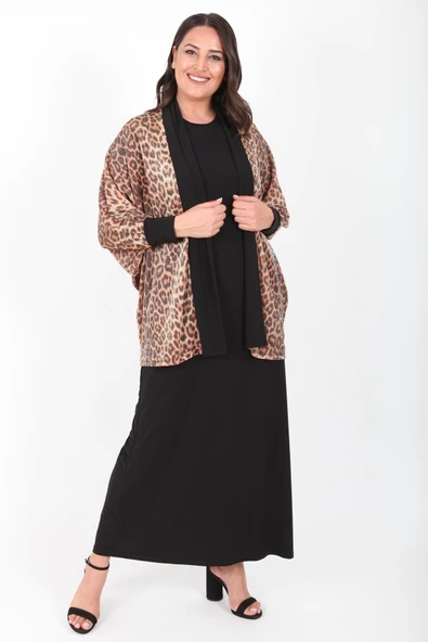 Büyük Beden Leopar Desen Siyah Ceket+Elbiseli Takım ürün görseli 1