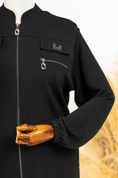 Kadın Sumru Petek Doku Yan Cepli Aksesuarlı Siyah Pardesü - Resim 4