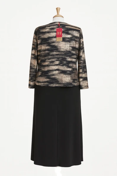 Siyah Zuhal Ceketli Büyük Beden Şık Altın Sarısı Desenli Anne Abiye Takım Elbise - Resim 5