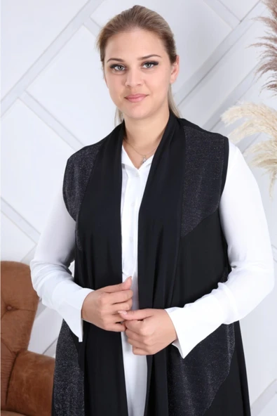 Kadın Sevda Büyük Beden Verev Simli Asimetrik Siyah Yelek - Resim 3
