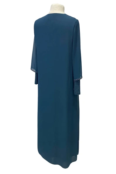 Arya Yuvarlak Yaka Şık Taş İşlemeli Büyük Beden Anne Abiye Elbise - Resim 3