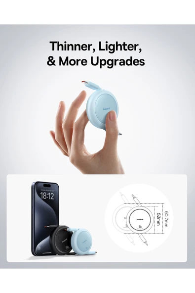 Free2Pull Mini Makaralı USB-C 60W Hızlı Şarj ve Data Kablosu, Mavi - Resim 4
