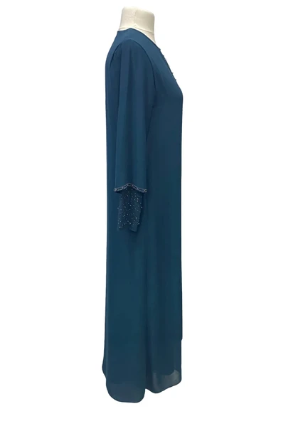 Arya Yuvarlak Yaka Şık Taş İşlemeli Büyük Beden Anne Abiye Elbise - Resim 2