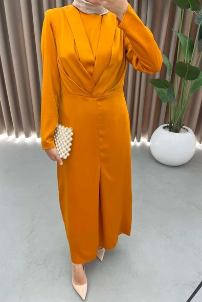 Saten Kumaş Pile Detaylı Tesettür Abiye Elbise - Hardal - Resim 4