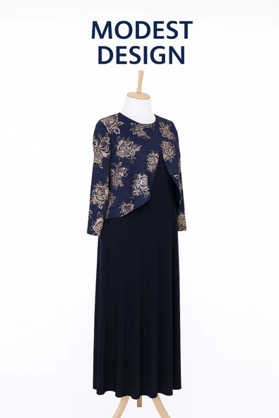 Lacivert Zuhal Ceketli Büyük Beden Şık Desenli Anne Abiye Takım Elbise - Resim 5