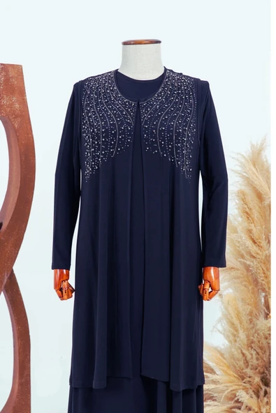 Kadin Buyuk Beden Taşlı Lacivert Anne Abiye Takım - Resim 4