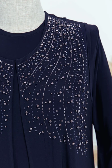Kadin Buyuk Beden Taşlı Lacivert Anne Abiye Takım - Resim 8