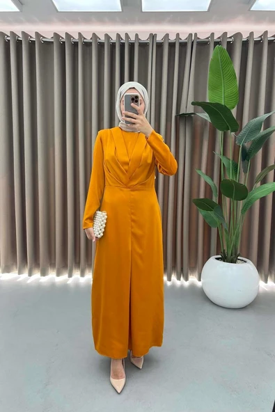 Saten Kumaş Pile Detaylı Tesettür Abiye Elbise - Hardal ürün görseli 1