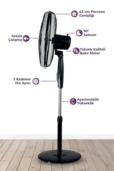 JOYSIDEA FN-100 16 İnç Ayaklı Vantilatör - 3 Kademeli Hız Ayarı, Sessiz ve Etkili Serinlik - Resim 5