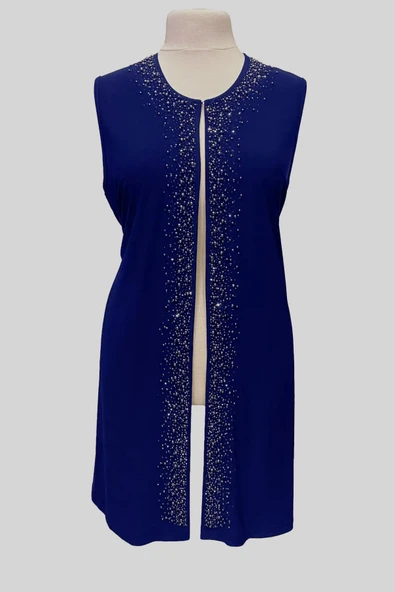 Kadin Buyuk Beden Taşlı Saks Mavi Anne Abiye Takım - Resim 7