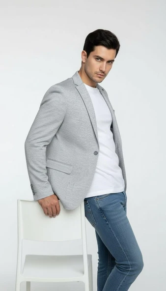Erkek Karyağdı Desenli Slim Fit Blazer Ceket – Mavi & Gri – Şık Günlük ve Ofis Kombin - Resim 10