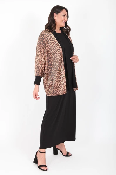 Büyük Beden Leopar Desen Siyah Ceket+Elbiseli Takım - Resim 2