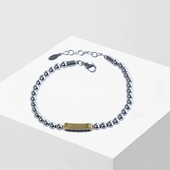 Taşlı Plakalı Gold Silver Erkek Çelik Bileklik - Resim 2