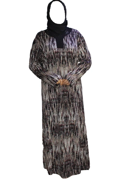 Büyük Beden Kadın Demet Kuplu Boydan Geometrik Desen Siyah Elbise ürün görseli 1