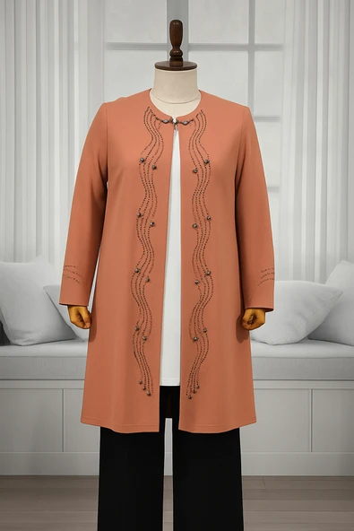 Önü Ve Kolu Taş Işlemeli Kaliteli Ikili Anne Tesettur Abiye Takım ürün görseli 1