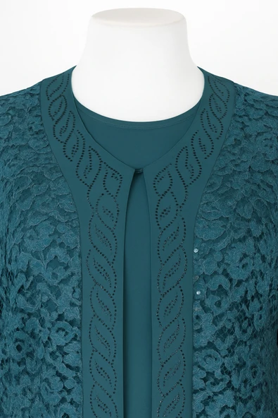 ANNE KADIN GENÇ BETÜL BÜYÜK BEDEN PETROL MAVI GÜPÜRLÜ CEKETLİ TAŞLI ABİYE TAKIM - Resim 3