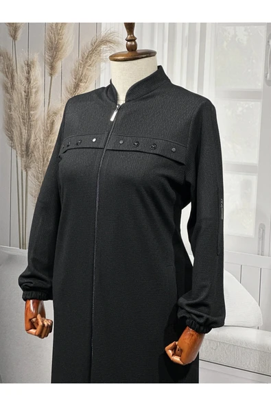 ANNE KADIN BÜYÜK BEDEN HAKİM YAKA FERMUARLI CEPLİ BONCUK DETAYLI MEVSIMLIK SIYAH PARDESÜ - Resim 3