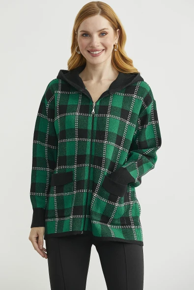 Renkli Ekose Geçişli Yünlü Triko Hırka - Siyah - Resim 3