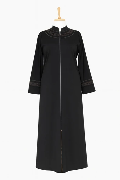 ANNE KADIN BÜYÜK BEDEN HAKİM YAKA FERMUARLI CEPLİ NAKIŞLI MEVSIMLIK SIYAH PARDESÜ ürün görseli 1