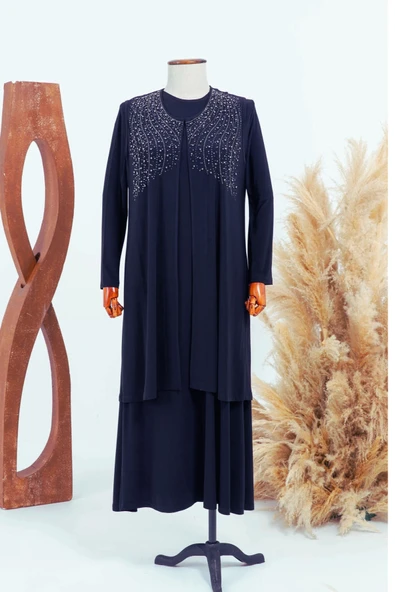 Kadin Buyuk Beden Taşlı Lacivert Anne Abiye Takım - Resim 3