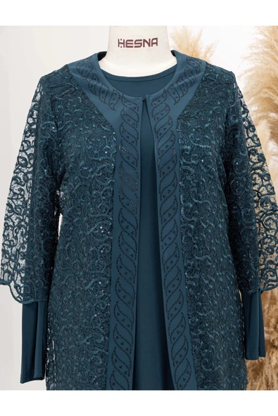 ANNE KADIN GENÇ BETÜL BÜYÜK BEDEN PETROL MAVI GÜPÜRLÜ CEKETLİ TAŞLI ABİYE TAKIM - Resim 7