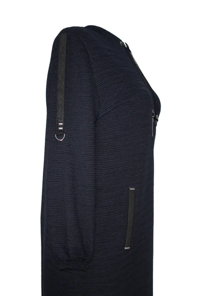 ANNE KADIN BÜYÜK BEDEN HAKİM YAKA FERMUARLI CEPLİ MEVSIMLIK LACIVERT PARDESÜ - Resim 6