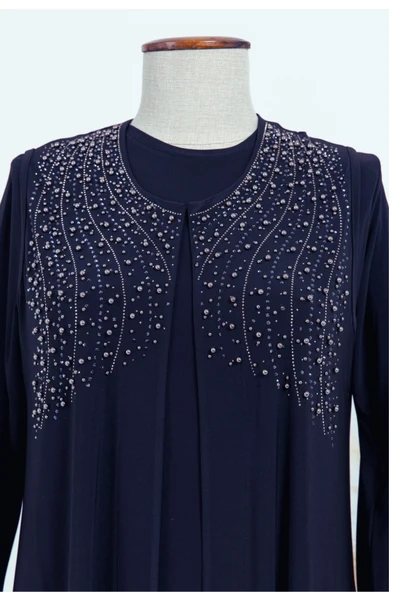 Kadin Buyuk Beden Taşlı Lacivert Anne Abiye Takım - Resim 7