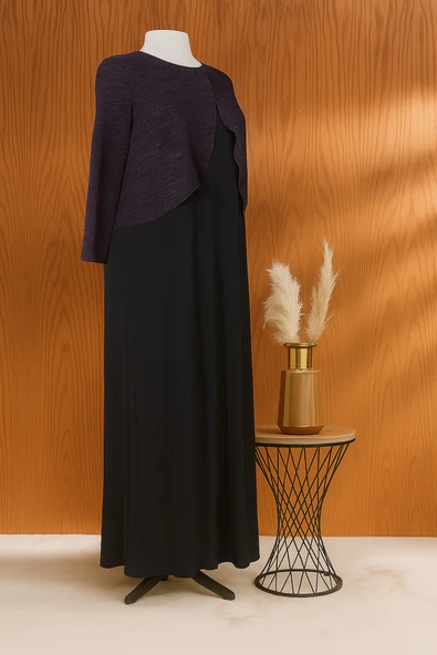 Siyah Zuhal Ceketli Büyük Beden Şık ince çizgili Desen Anne Abiye Takım Elbise - Resim 4