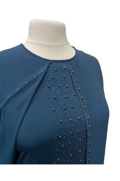 Arya Yuvarlak Yaka Şık Taş İşlemeli Büyük Beden Anne Abiye Elbise - Resim 4