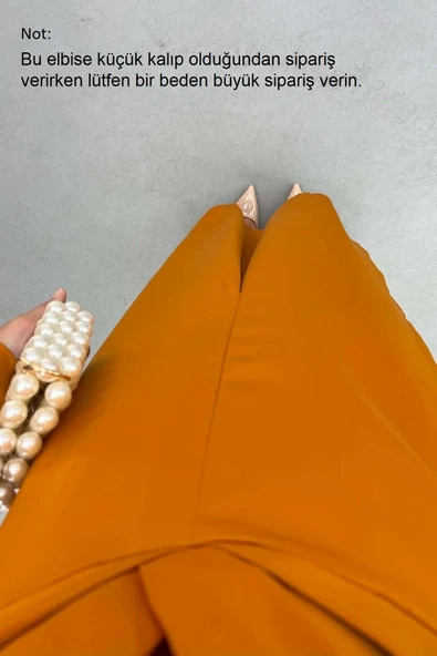 Saten Kumaş Pile Detaylı Tesettür Abiye Elbise - Hardal - Resim 7