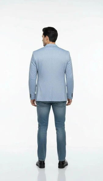 Erkek Karyağdı Desenli Slim Fit Blazer Ceket – Mavi & Gri – Şık Günlük ve Ofis Kombin - Resim 7