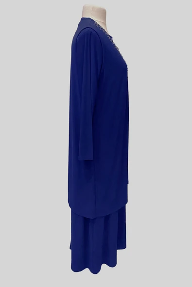 Kadin Buyuk Beden Taşlı Saks Mavi Anne Abiye Takım - Resim 4