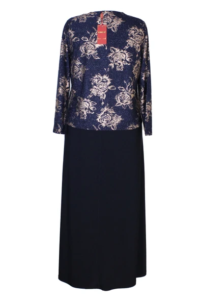 Lacivert Zuhal Ceketli Büyük Beden Şık Desenli Anne Abiye Takım Elbise - Resim 6